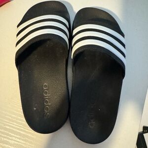 Adidas Kids Black Slides with White Stripes